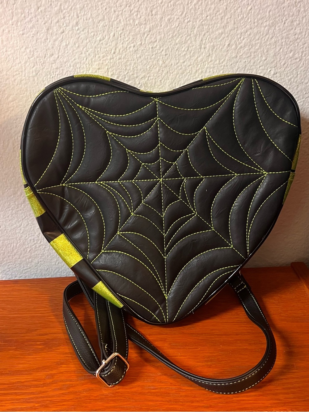 Pumpkin Kult Black Heart Crossbody Bag with Neon Green Spiderweb